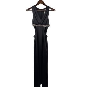 Women’s BCBGeneration Size 4 Black Satin Bejeweled Evening Gown w/ Side Cutouts